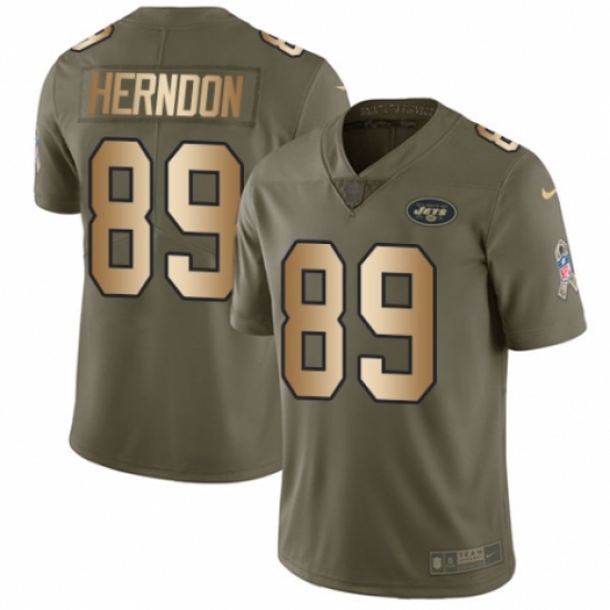 Men's Nike New York Jets 89 Chris Herndon Limited Olive/Gold 2017 Salute to Service NFL Jersey