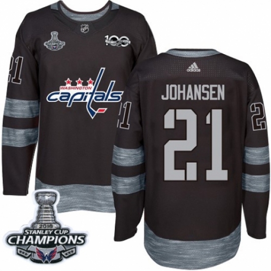 Men's Adidas Washington Capitals 21 Lucas Johansen Authentic Black 1917-2017 100th Anniversary 2018 Stanley Cup Final Champions NHL Jersey