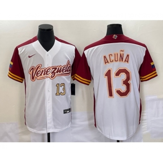 Men's Venezuela Baseball 13 Ronald Acuna Jr Number 2023 White Red World Classic Stitched Jerseys