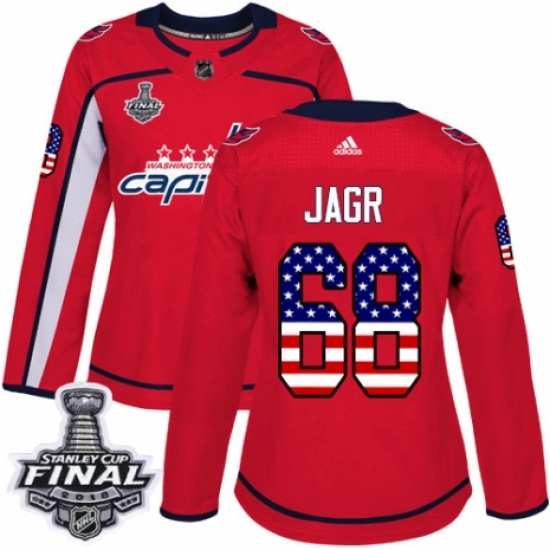 Women's Adidas Washington Capitals 68 Jaromir Jagr Authentic Red USA Flag Fashion 2018 Stanley Cup Final NHL Jersey