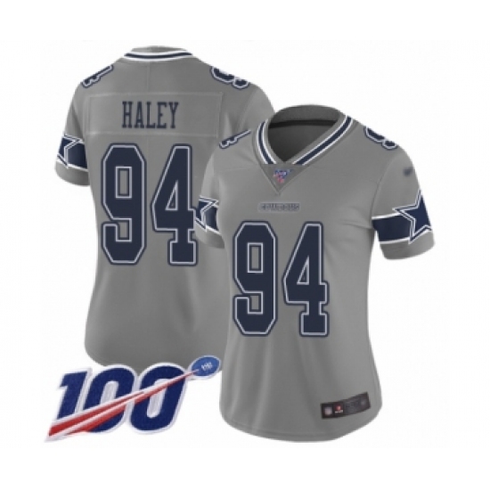 Women's Dallas Cowboys 94 Charles Haley Limited Gray Inverted Legend 100th Season Football Jersey