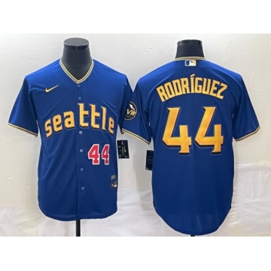 Men's Seattle Mariners 44 Julio Rodriguez Number Blue 2023 City Connect Cool Base Stitched Jersey