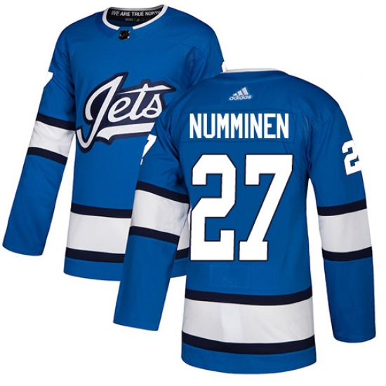 Men's Adidas Winnipeg Jets 27 Teppo Numminen Authentic Blue Alternate NHL Jersey