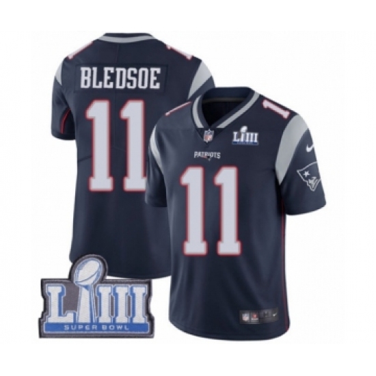 Men's Nike New England Patriots 11 Drew Bledsoe Navy Blue Team Color Vapor Untouchable Limited Player Super Bowl LIII Bound NFL Jersey