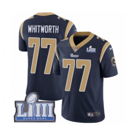 Youth Nike Los Angeles Rams 77 Andrew Whitworth Navy Blue Team Color Vapor Untouchable Limited Player Super Bowl LIII Bound NFL Jersey
