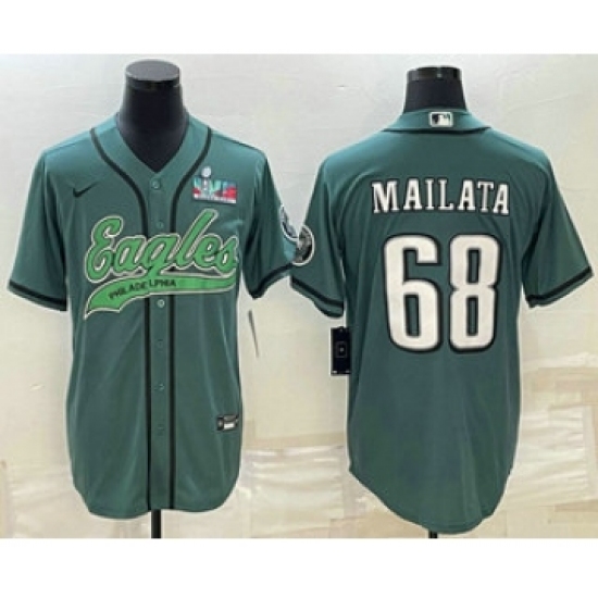 Men's Philadelphia Eagles 68 Jordan Mailata Green With Super Bowl LVII Patch Cool Base Stitched Baseball Jersey