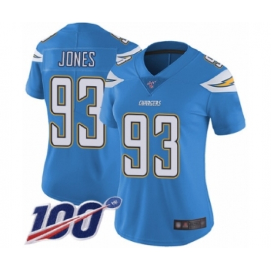 Women's Los Angeles Chargers 93 Justin Jones Electric Blue Alternate Vapor Untouchable Limited Player 100th Season Football Jersey