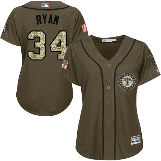 Women's Majestic Texas Rangers 34 Nolan Ryan Replica Green Salute to Service MLB Jersey