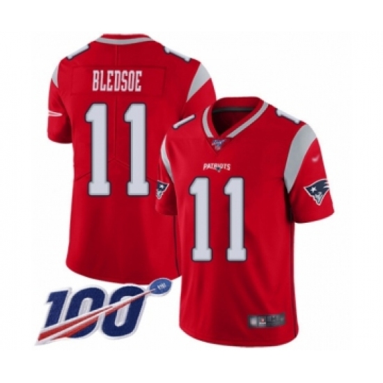 Men's New England Patriots 11 Drew Bledsoe Limited Red Inverted Legend 100th Season Football Jersey