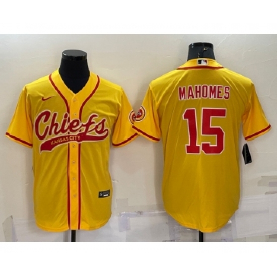 Men's Kansas City Chiefs 15 Patrick Mahomes Gold With Patch Cool Base Stitched Baseball Jersey
