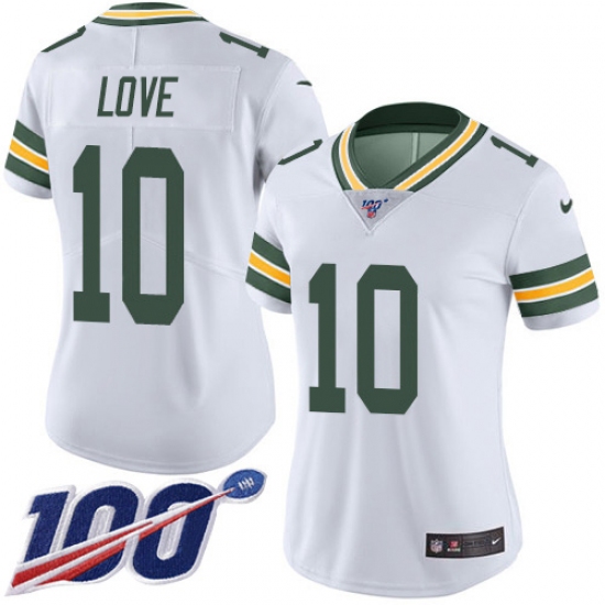 Women's Green Bay Packers 10 Jordan Love White Stitched NFL 100th Season Vapor Untouchable Limited Jersey