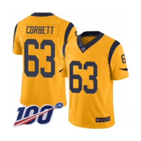 Youth Los Angeles Rams 63 Austin Corbett Limited Gold Rush Vapor Untouchable 100th Season Football Jersey