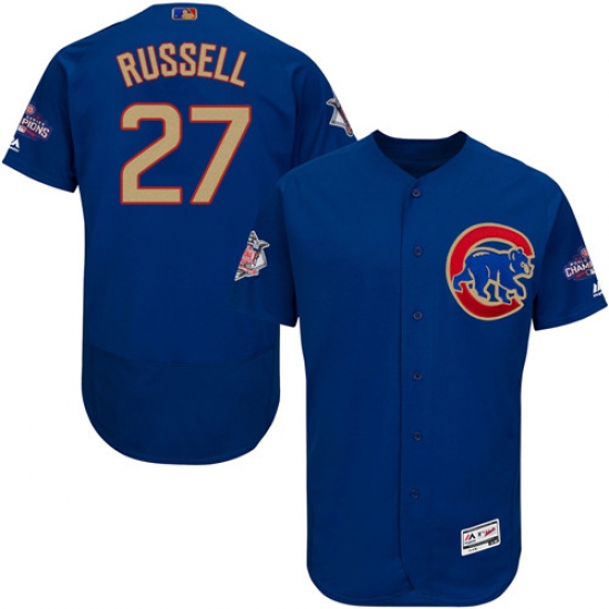 Men's Majestic Chicago Cubs 27 Addison Russell Authentic Royal Blue 2017 Gold Champion Flex Base MLB Jersey
