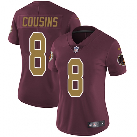 Women's Nike Washington Redskins 8 Kirk Cousins Elite Burgundy Red/Gold Number Alternate 80TH Anniversary NFL Jersey