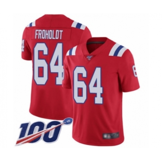 Men's New England Patriots 64 Hjalte Froholdt Red Alternate Vapor Untouchable Limited Player 100th Season Football Jersey