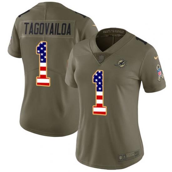 Women's Miami Dolphins 1 Tua Tagovailoa Olive USA Flag Stitched Limited 2017 Salute To Service Jersey