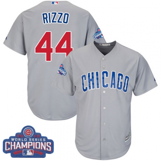 Youth Majestic Chicago Cubs 44 Anthony Rizzo Authentic Grey Road 2016 World Series Champions Cool Base MLB Jersey