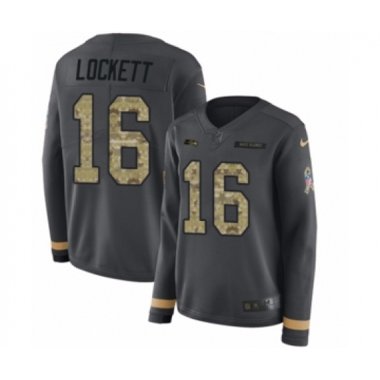 Women's Nike Seattle Seahawks 16 Tyler Lockett Limited Black Salute to Service Therma Long Sleeve NFL Jersey
