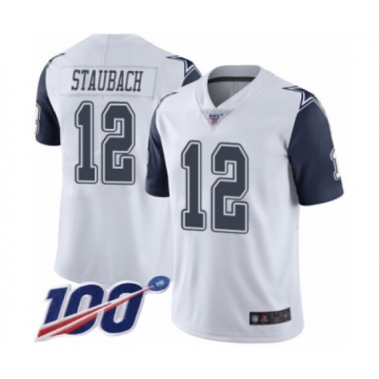 Men's Dallas Cowboys 12 Roger Staubach Limited White Rush Vapor Untouchable 100th Season Football Jersey