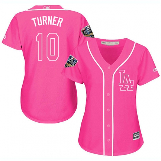 Women's Majestic Los Angeles Dodgers 10 Justin Turner Authentic Pink Fashion Cool Base 2018 World Series MLB Jersey
