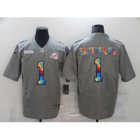 Men's Miami Dolphins 1 Tua Tagovailoa Gray Rainbow Version Nike Limited Jersey