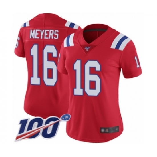 Women's New England Patriots 16 Jakobi Meyers Red Alternate Vapor Untouchable Limited Player 100th Season Football Jersey