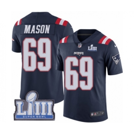 Youth Nike New England Patriots 69 Shaq Mason Limited Navy Blue Rush Vapor Untouchable Super Bowl LIII Bound NFL Jersey