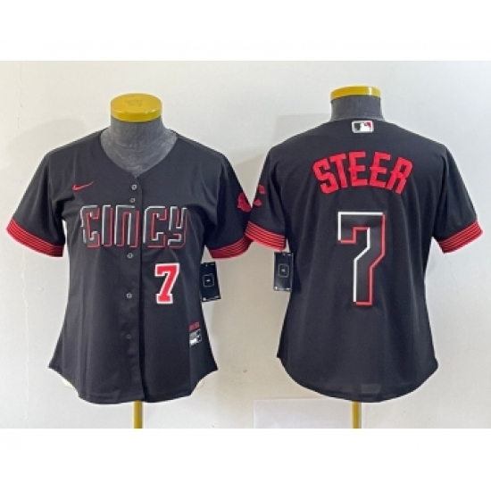 Women's Nike Cincinnati Reds 7 Spencer Steer Numer Black 2023 City Connect Cool Base Stitched Baseball Jersey1