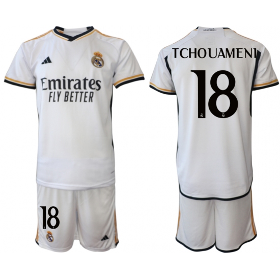 Men's Real Madrid 18 Tchouameni 2023-24 White Home Soccer Jersey