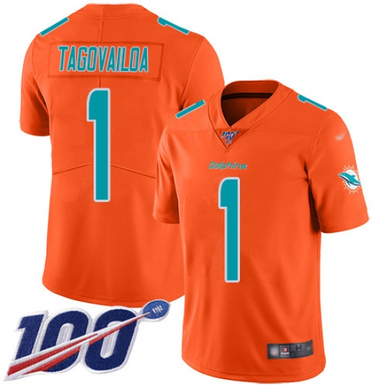 Youth Miami Dolphins 1 Tua Tagovailoa Orange Stitched Limited Inverted Legend 100th Season Jersey