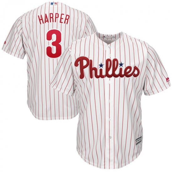 Men's Philadelphia Phillies 3 Bryce Harper Majestic WhiteRed Strip Home Official Cool Base Player Jersey