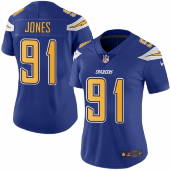 Women's Nike Los Angeles Chargers 91 Justin Jones Limited Electric Blue Rush Vapor Untouchable NFL Jersey
