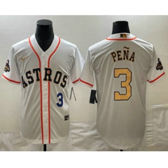 Men's Houston Astros 3 Jeremy Pena 2023 White Gold World Serise Champions Cool Base Stitched Jersey