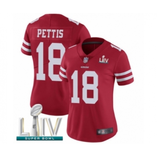 Women's San Francisco 49ers 18 Dante Pettis Red Team Color Vapor Untouchable Limited Player Super Bowl LIV Bound Football Jersey
