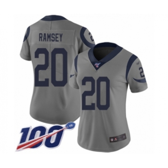 Women's Los Angeles Rams 20 Jalen Ramsey Limited Gray Inverted Legend 100th Season Football Jersey