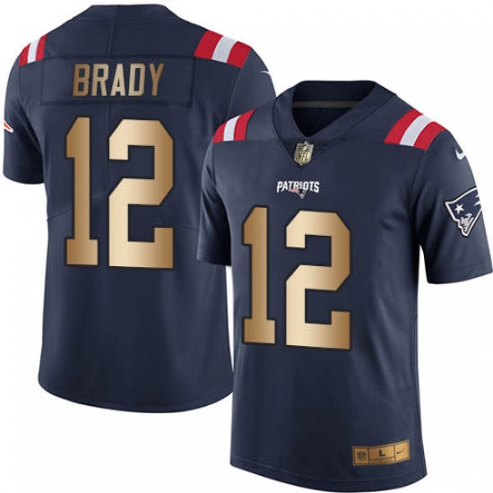 Men's Nike New England Patriots 12 Tom Brady Limited Navy/Gold Rush NFL Jersey