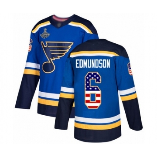 Men's St. Louis Blues 6 Joel Edmundson Authentic Blue USA Flag Fashion 2019 Stanley Cup Champions Hockey Jersey