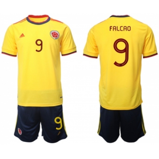 Men's Colombia 9 Falcao Yellow Home Soccer Jersey Suit