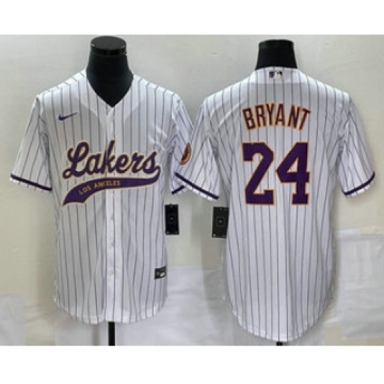 Men's Los Angeles Lakers 24 Kobe Bryant White Pinstripe Cool Base Stitched Baseball Jersey1