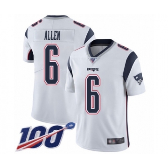 Men's New England Patriots 6 Ryan Allen White Vapor Untouchable Limited Player 100th Season Football Jersey