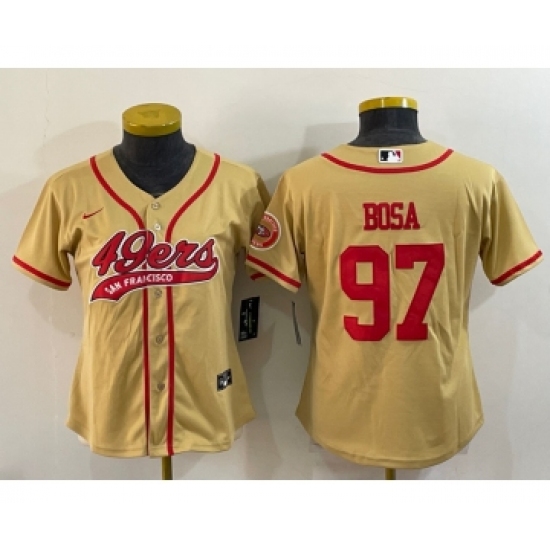Women's San Francisco 49ers 97 Nick Bosa Gold With Patch Cool Base Stitched Baseball Jersey