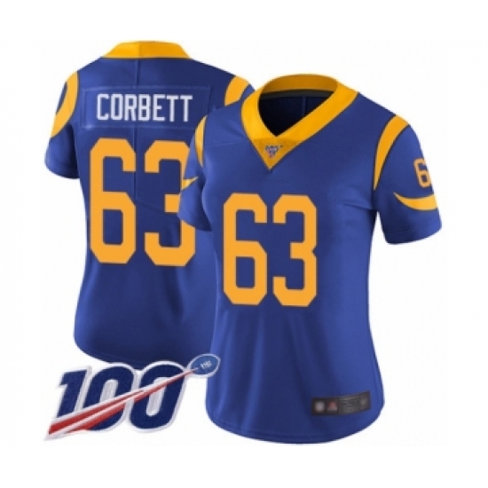 Women's Los Angeles Rams 63 Austin Corbett Royal Blue Alternate Vapor Untouchable Limited Player 100th Season Football Jersey