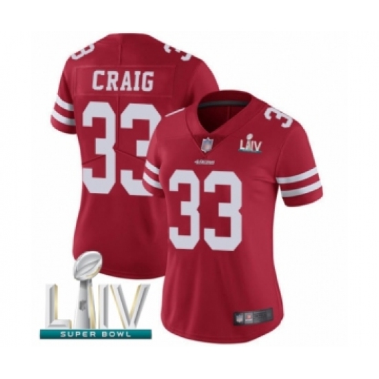 Women's San Francisco 49ers 33 Roger Craig Red Team Color Vapor Untouchable Limited Player Super Bowl LIV Bound Football Jersey