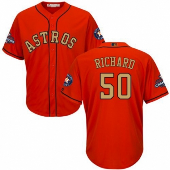 Youth Majestic Houston Astros 50 J.R. Richard Authentic Orange Alternate 2018 Gold Program Cool Base MLB Jersey - Click Image to Close