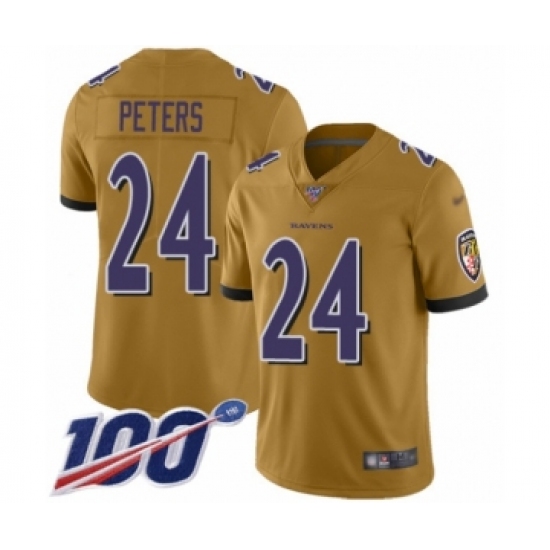 Men's Baltimore Ravens 24 Marcus Peters Limited Gold Inverted Legend 100th Season Football Jersey