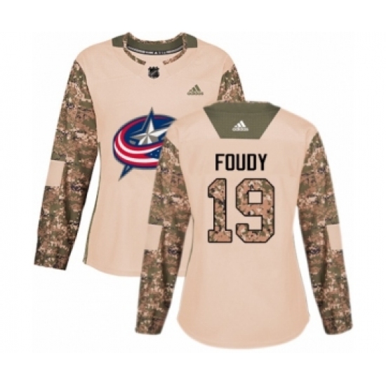 Women's Adidas Columbus Blue Jackets 19 Liam Foudy Authentic Camo Veterans Day Practice NHL Jersey