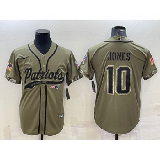 Men's New England Patriots 10 Mac Jones Olive 2022 Salute to Service Cool Base Stitched Baseball Jersey
