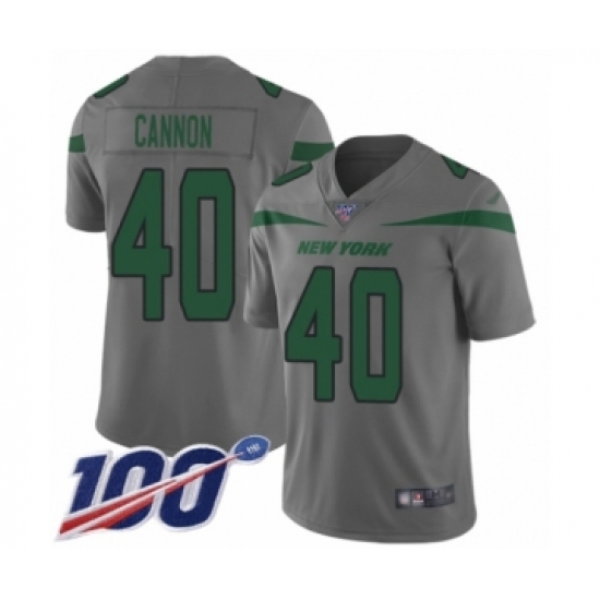 Men's New York Jets 40 Trenton Cannon Limited Gray Inverted Legend 100th Season Football Jersey