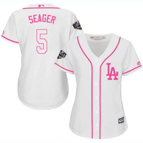 Women's Majestic Los Angeles Dodgers 5 Corey Seager Authentic White Fashion Cool Base 2018 World Series MLB Jersey