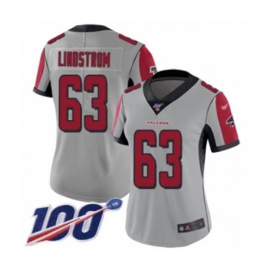 Women's Atlanta Falcons 63 Chris Lindstrom Limited Silver Inverted Legend 100th Season Football Jersey